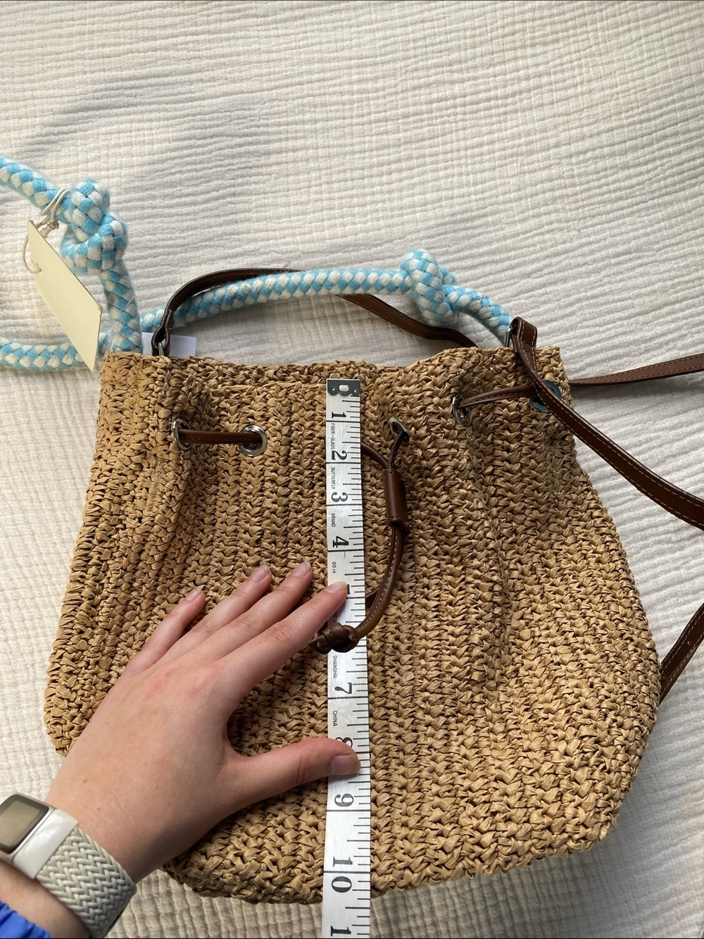 Woven Raffia Drawstring Crossbody Bag with Blue Rope Handle - Picture 6 of 8